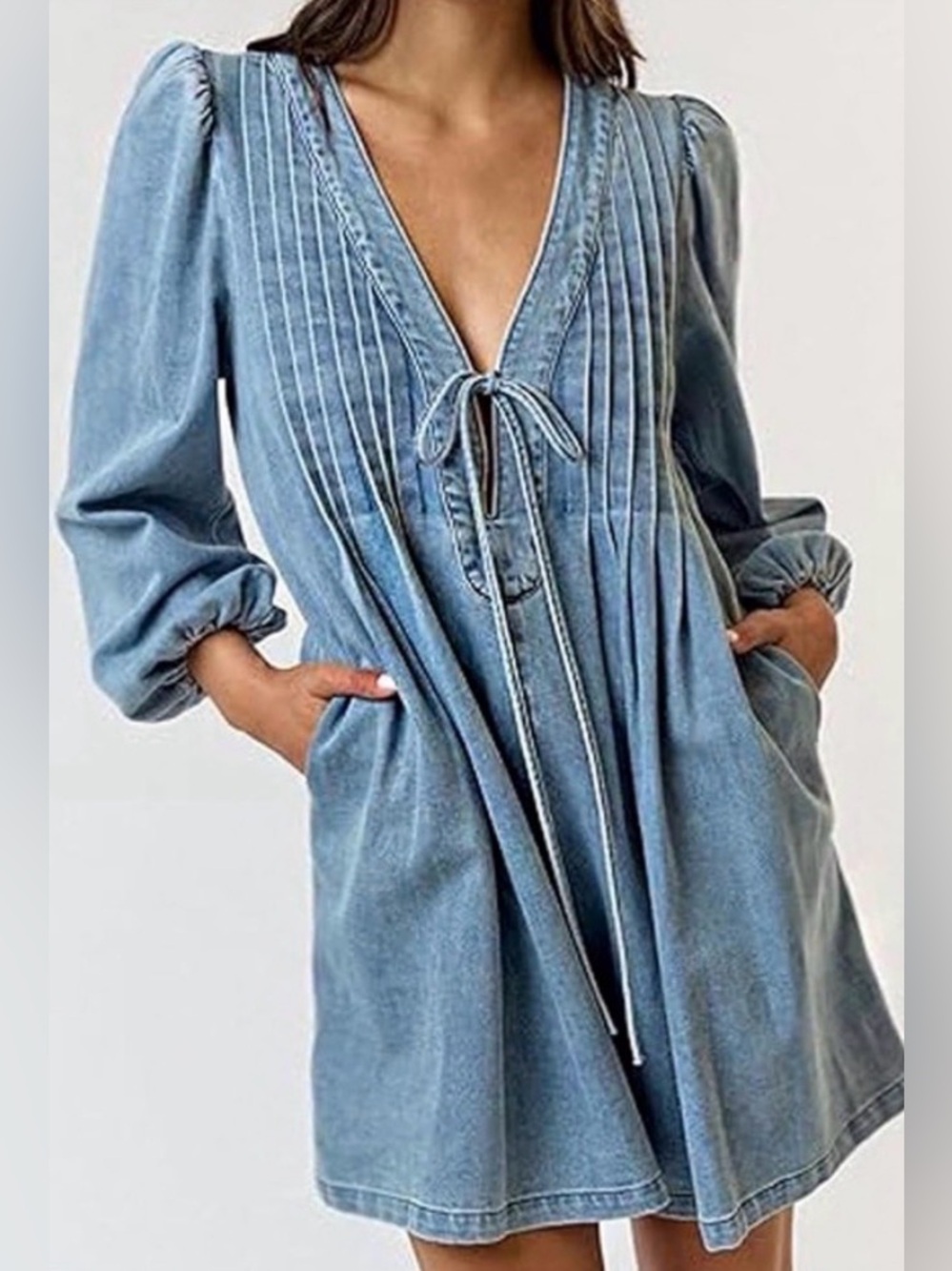SOLD Denim Jean Romper Overall Shorts Tie Front Pleated Romper Dress Deep V Neck